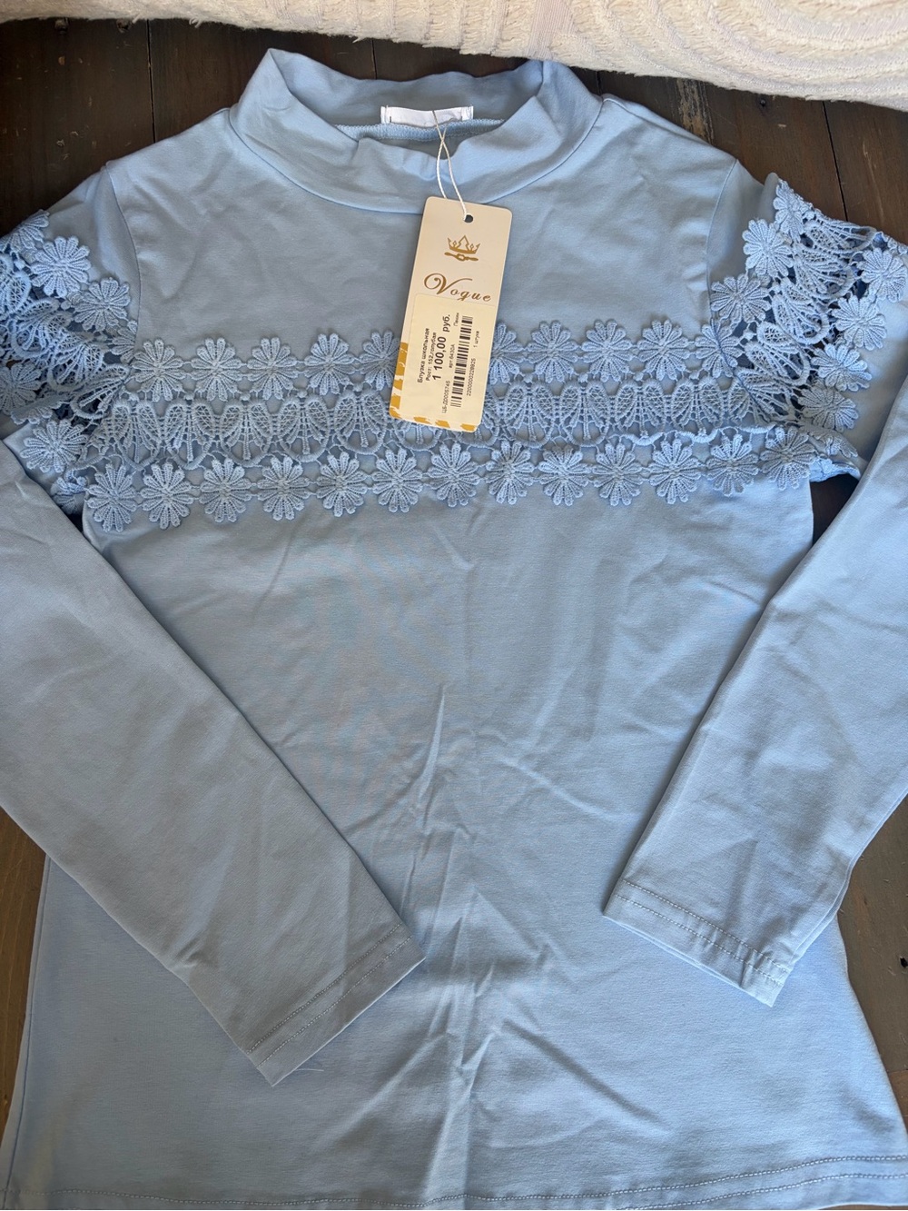 Girls's Light Blue Long-Sleeve Lace Trim Top/ school top. Блузка школьная.